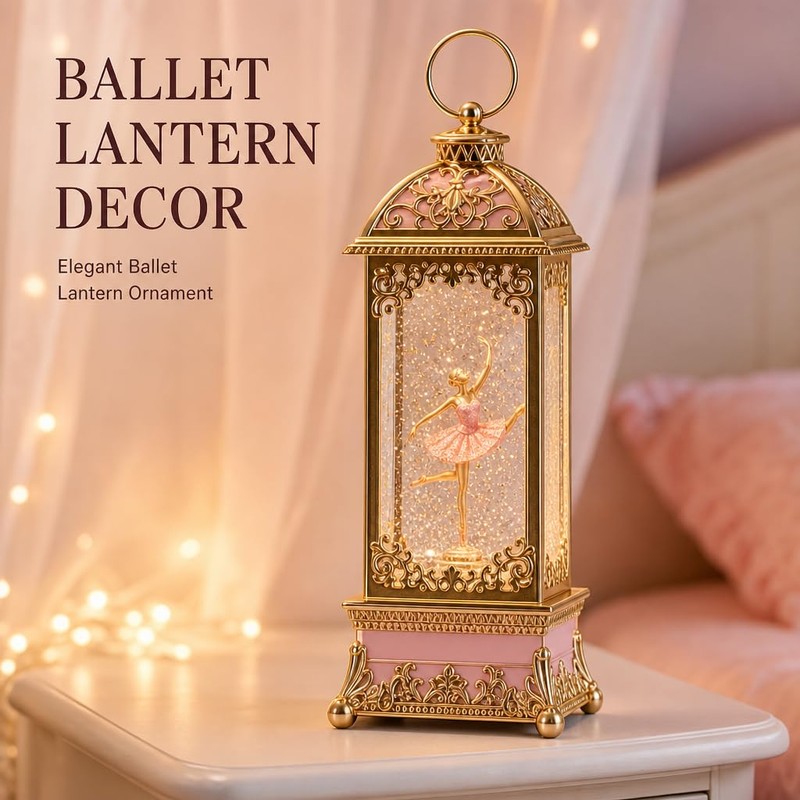 Ballerina Musical Snow Globe Lantern, Gold & Pink Spinning Figurine