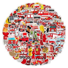 100Pcs Firefighter Sticker for Water Bottle,Bumper,Bike,Laptop,Scrapbook, Notebook,Suitcase,Computer,Luggage,Cartoon Fire Truck Vinyl Stickers,Cute Waterproof Decals,Gift for Adults Kids Teens