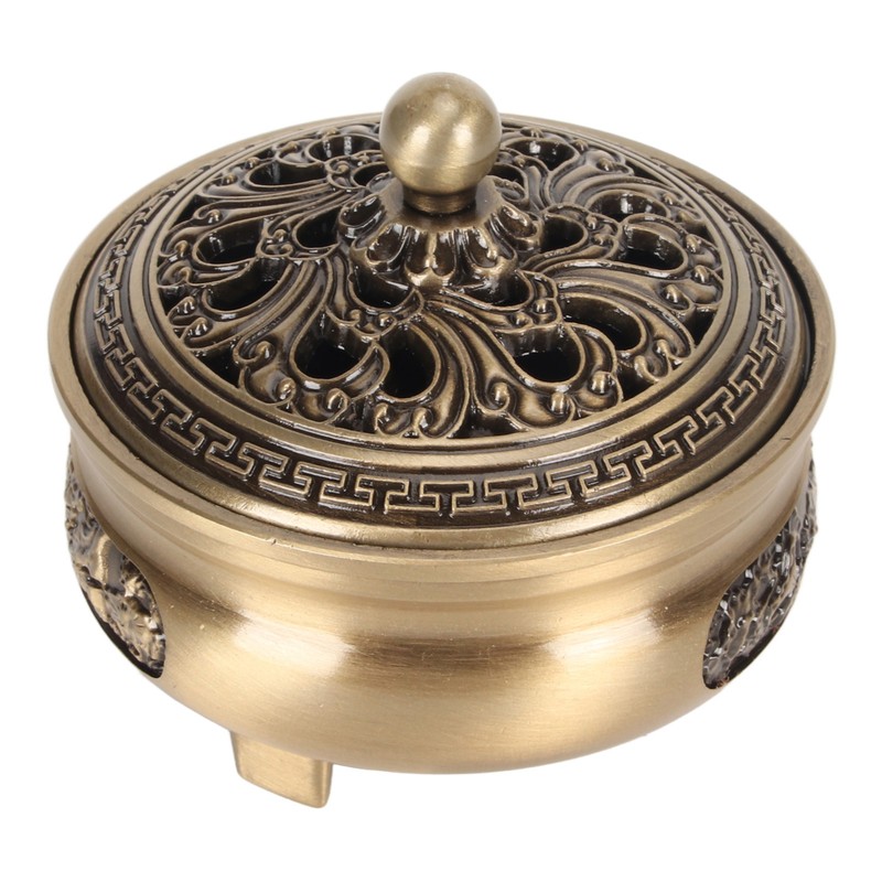 Coil Incense Burner with Lid Antique Beautifully Carved Electroplating Zinc