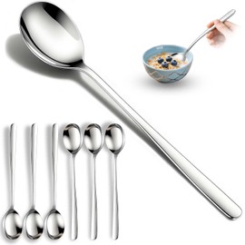 Flying Leaves Set of 6 Premium Korean Soup Spoons, 8 Inch 18/10 Stainless Steel Long Handle Rice and Asian Spoon for Home, Kitchen, Restaurant, Cafe, Dishwasher Safe