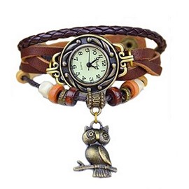 Mixe Elegant Ladies Bronze Leaf Boho Chic Vintage Inspired Bracelet Dress Watch (Owl Brown)