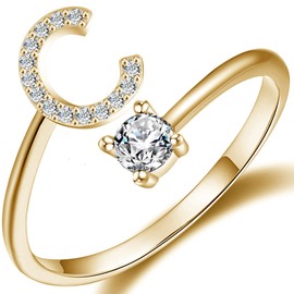 Initial Letter Ring for Women Girls Gold Stackable Alphabet Rings with Initial Adjustable Crystal Inlaid Initial Rings Bridesmaid Gift(C Gold)