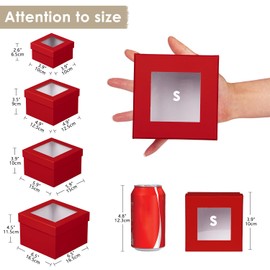 Briful Set of 4 Square Gift Box with Ribbon, Red Gift Boxes with Clear Lids, Cardboard Gift Boxes for Presents, Small Storage Boxes Assorted Sizes, Suitable for Gifts Crafting Packaging Box