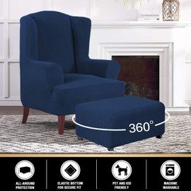 PrinceDeco Stretch Ottoman Cover Ottoman Slipcovers Rectangle for Living Room Foot Stool Stretch Covers to Fit Ottoman Foot Rest, Thick Checked Jacquard Fabric with Elastic Bottom (Large Size, Navy)