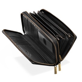 Matador Long Women’s Wallet, Purse Made of Antique Soft Brown Cowhide Leather, Wallet Purse with Double Zip 3628-vintage, Black