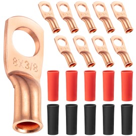 Maxdot 10 Pack UL Test Wire Lugs 8 Gauge Stud Ring Terminals Heavy Duty Copper Crimp Lugs Welding Cable Bare Copper Eyelet Lug with Heat Shrink Black, Red(8 AWG 3/8 Ring)