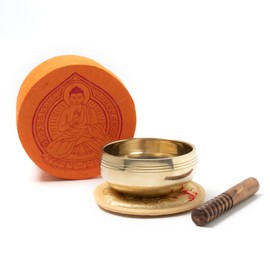 A Singing Bowl and Accessories in Box with Buddha Print Orange Singing Bowl Center, 5068