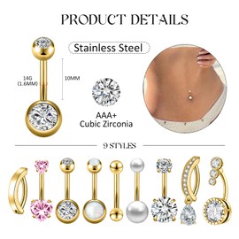JOYTOYOU 9PCS 14G 1.6MM Belly Button Ring Gold Stainless Steel Clicker Belly Ring CZ Opal Pearl Belly Piercing Navel Piercings Pack for Women