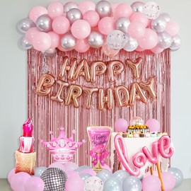 Pink Birthday Decorations for Women, Happy Birthday Banner, Rose Gold Fringe Curtain with Latex & Confetti Balloons, with Love, Crown, Lipstick, Wine Glass Foil Balloons for Girl Birthday Party