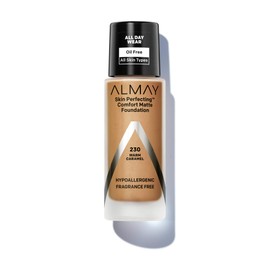Almay Skin Perfecting Comfort Matte Foundation Liquid Makeup, Hypoallergenic, Cruelty- & Fragrance-Free, Dermatologist-Tested, 230 Warm Caramel, 1 fl oz