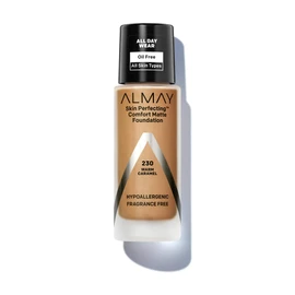 Almay Skin Perfecting Comfort Matte Foundation Liquid Makeup, Hypoallergenic, Cruelty- & Fragrance-Free, Dermatologist-Tested, 230 Warm Caramel, 1 fl oz