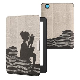 kwmobile Flip Case Compatible with Kobo Aura Edition 2 Case - eReader Case - Woman Reading Black Beige