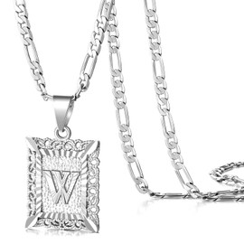 KissYan Initial Letter Pendant Necklace for Men Womens, White Gold Plated Square Capital Monogram Necklace Alphabets from A-Z Figaro Chain Necklace, Stainless Steel, Cubic Zirconia