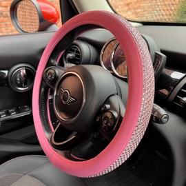 PINCTROT Bling Bling Comfy Steering Wheel Cover with Jumbo Crystal Rhinestones, Anti-Slip Diamond Leather, Universal 15 Inch (All Pink)