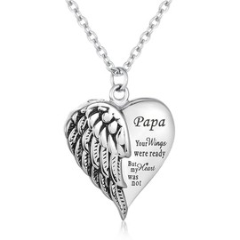 Loybora - Collar de urna de cremación con corazón y cenizas humanas, joyería para mujeres y hombres, grabado con texto en inglés «Your Wings were Ready but My Heart was Not Angel Wings Memorial»,