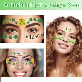 10 Sheets St Patricks Day Tattoos for Kids Adult Eyes Face makeup Waterproof Shamrock Clover Temporary Body Stickers Gifts Saint Patricks Day Decorations Irish Parade Party Supplies Favors