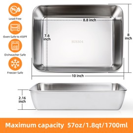 2 PCS Stainless Steel Food Storage Containers with lids,2.16 Inch Deep, 8x10 Inch Stainless Steel Oven plate, Metal Roasting Pan for Meal Prep、Turkey, Rustproof & Heavy, Freezer & Dishwasher Safe