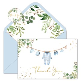 Whaline 50 Pack Baby Shower Thank You Cards Boxed Blue Cloth Note Card with Envelopes Stickers Greeting Blank Cards for Boy Birthday Baby Shower