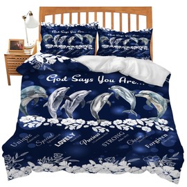 Dolphin Bedding Set Ocean Theme Comforter Set Navy Blue Duvet Cover Bedroom Decor Soft Twin Full Queen King Size Quilt Cover with 2 Pillowcases for Kids Teens Adults Women Men 68‘’x90‘’