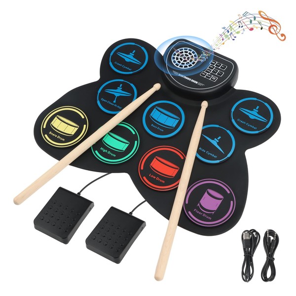 Electronic Drum Set, Marrilley 9 Drum Practice Pad with Headphone Jack, Roll-up Drum Pad Machine Built-in Speaker Drum Pedals Drum Sticks 10 Hours Playtime, Great Holiday Xmas Birthday Gift for Kids