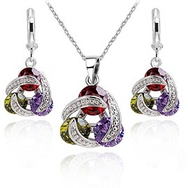 Crystalline Azuria Women 18ct White Gold Plated Round Colorful Multi Zirconia Crystals Set Pendant Necklace 17.7 inches Earrings