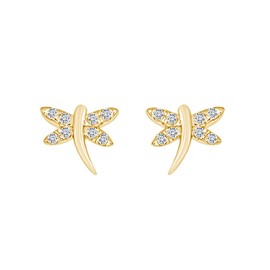 Round White Cubic Zirconia Dragonfly Stud Earrings 14k Yellow Gold Over Sterling Silver