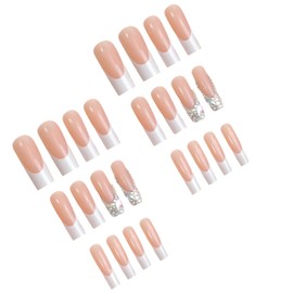 FORBELOVED NAILS|French Tip-White Press On Nails|Long Square Stick On Nails|Glitter Muti Colorful Gems False Nails For Women And Girls|12 Sizes-24Pcs with Glue|(White)