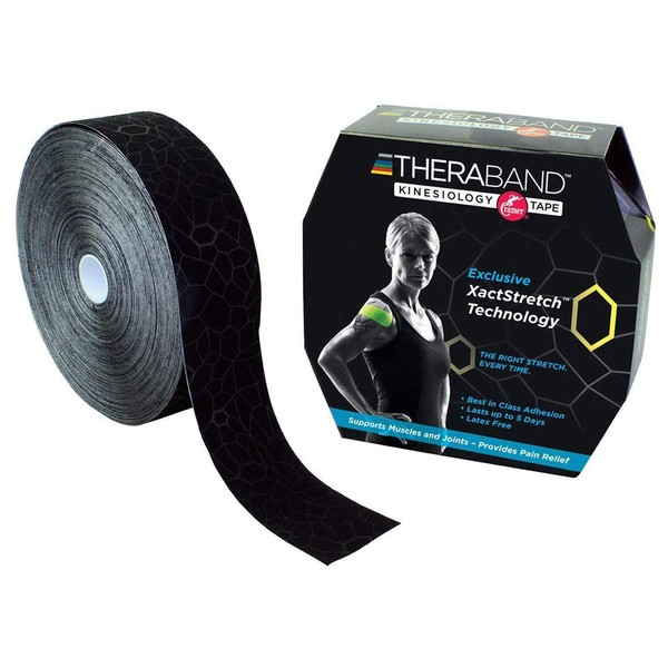 THERABAND Kinesiology Tape, Waterproof Physio Tape for Pain Relief, Muscle & Joint Support, Standard Roll with Application Indicators, 2 Inch x 103.3 Foot Bulk Roll, Black/Black