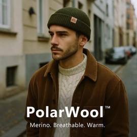 TOP-EX XL/XXL 100% Merino Wool Fisherman Beanie Hat Men & Women Big Head, Unisex Thermal Wool Hats, Winter Cap Trawler Knitted Cuffed Hat for Outdoor Running Golf - Urban Olive