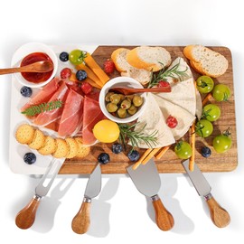 LiWiBet Acacia Wood & Marble Charcuterie Board Set, Cheese Board Platter Tray with 4 Knives 2 Bowls & 2 Spoons, Serving Tray Platter for Wine Night Parties Hosting Weddings Housewarming Gifts