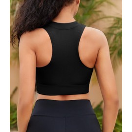 beautyin Bikini Tops for Women Front Zipper Ribbed High Neck Sports Swim Tops Only, Black, Small