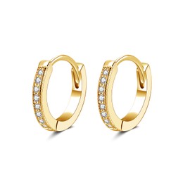 PRETTERY Silver Hoop Earrings for Women, 13mm Sterling Silver Hoop Earrings with Cubic Zirconia, Yellow Gold Plated Small Sleeper Hoops Earrings