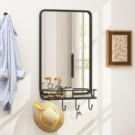 Tangkula Entryway Mirror with Shelf and Hooks, Wall Mounted Rustic Metal Mirror with Storage Shelf & 4 Hooks, Farmhouse Bathroom Vanity Mirror for Bedroom, Hallway, Living Room Decor