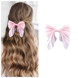 Xduargs Boho Bow Hair Clips Satin Bow Hair Barrettes Vintage Bowknot Hairclip Pins Silky Bow Knot Hair Clip Barrette French Satin Ribbon Bowknot Clip Headpiece for Women Headdress(Pink)