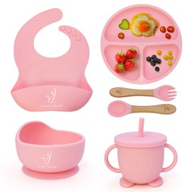 Velvet Lullaby Baby Feeding Set - Silicone Bib, Suction Plate, Bowl, Fork, and Spoon - BPA-Free and Dishwasher Safe (Petal Pink)
