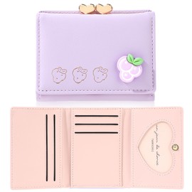 Cobee Cute Leather Wallet for Women, Fruit Credit Card Holder with Coin Pocket, ID Window, Small Trifold Wallet with Snap Closure, purple, Cute leather wallet for women