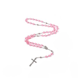 LiHan1028 Catholic Pink Round Bead Metal with Gift bag Christian Vintage Cross Rosary Necklace Lourdes Medal & Cross Crucifix Jewelry (resin-pink)