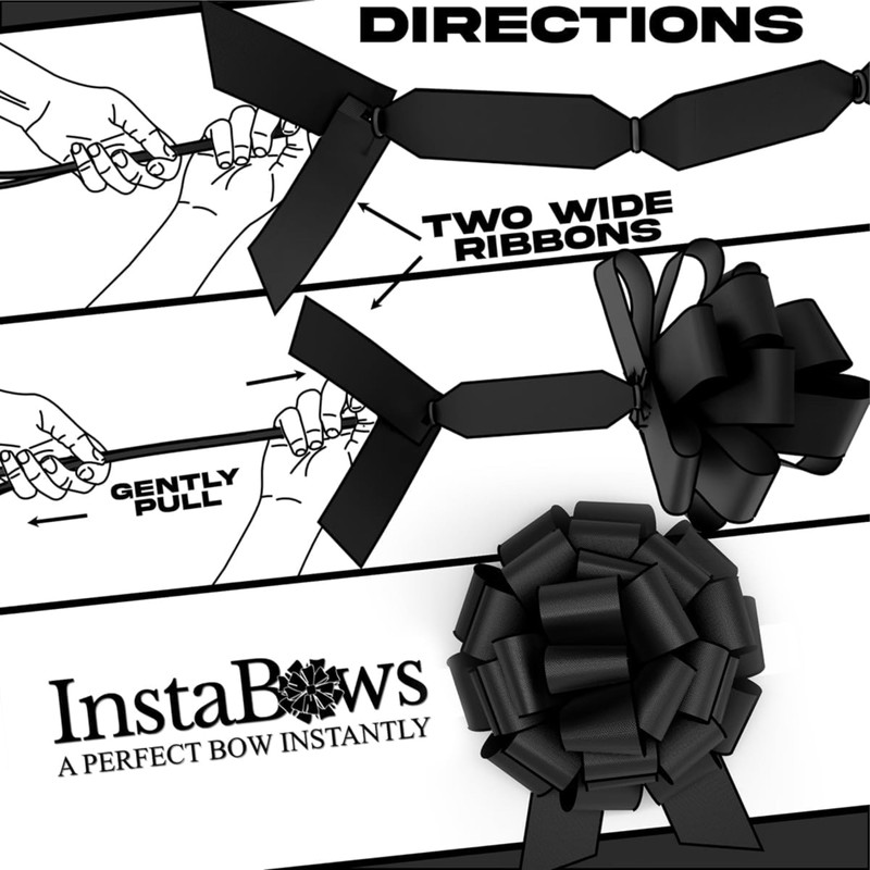 InstaBows 5-Inch Black Pull String Gift Bows – Satin Finish,