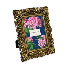 Laura Ashley 4x6 Gold Floral Textured Hand-Crafted Resin Picture Frame with Easel, for Tabletop & Wall Display, Decorative Floral Design Home Décor, Photo Gallery, Art & More (4x6, Gold)