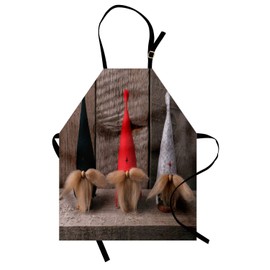 Lunarable Gnome Apron, Christmas-Themed Concept of Handcraft Ornaments of Vintage Dwarfs with Beards, Unisex Kitchen Bib with Adjustable Neck for Cooking Gardening, Adult Size, Umber Multicolor