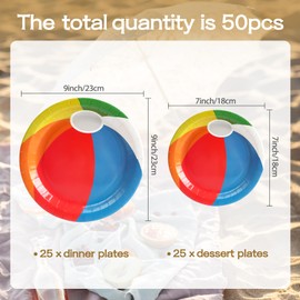 UVTQSSP 50 Pcs Party Plates, Beach Ball Paper Plates Party Supplies for Summer Beach Pool Ball, Disposable Tableware Sets, Serve for 25 Guests