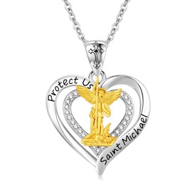 Twoowl Saint Michael Christopher Peregrin Jesus Judas Necklace 925 Sterling Silver Heart Pendant Amulet Religious Protective Jewelry Christmas Birthday Gifts for Women, Sterling Silver, Cubic Zirconia