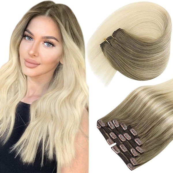 Sunny Clip in Human Hair Extensions Ombre Clip in Hair Extensions Real Human Hair Light Brown Ombre Platinum Blonde Hair Extensions Clip ins Ombre Hair Extensions Short Hair 5pcs 80g 12inch
