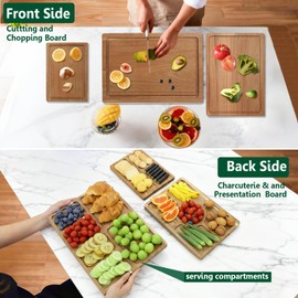 Acacia Wood Cutting Boards for Kitchen Set of 3, Chopping Board with Holder, with Deep Juice Groove Grip Handles, Charcuterie Boards, for Meat, Vegetables and Fruits and Cheese (Set A of 3)