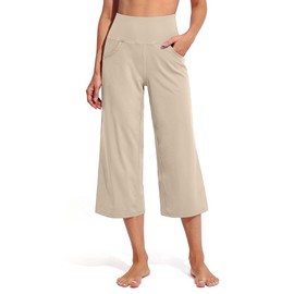 Promover Cropped Pants for Women Flare Yoga Pants Capris for Summer Loose Comfy Capri Pants for Business Casual(Light Khaki,M,25")