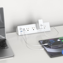 Desk Clamp Power Strip USB C,Office Furniture Nightstand Edge Mount Surge Protector,4 Outlets,4 USB Ports,2 USB C and 2 USB A,14AWG Cord,Fits 1.96" Tabletop Edge (White, 6 FT)