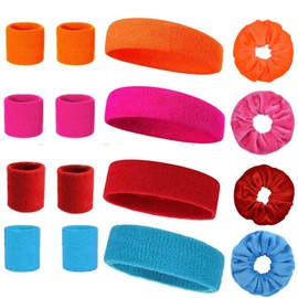 12-Piece Neon Sweatband Set and 4 Fluorescent Colour Hair Bands, 80s Sweatband Wrist/Forehead Sweatband Retro Party Accessories for Men and Women 4 Colours Pink Red Blue Orange
