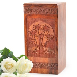Bamboo Engraved Wooden Memorial Chest, Personal Mini Cremation Keepsake, 5inch, Clear Brown Urn for Human Ashes Adult Male/Female