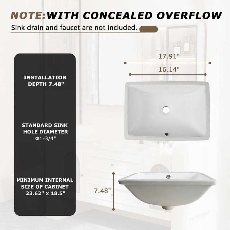 Lavie Craft Undermount Bathroom Sink,18" x 13" Rectangle Porcelain Finish