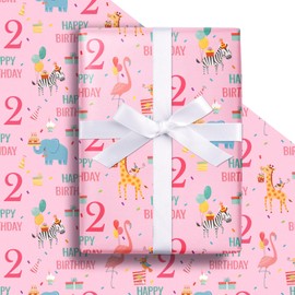 LeZakaa 2nd Birthday Wrapping Paper Roll - Pink Happy Birthday with Cute Animal Design for Age2 Baby Girl Birthday, Party, Baby Shower - Mini Roll - 17 inches x 16.4 Feet (23.2 sq.ft.)